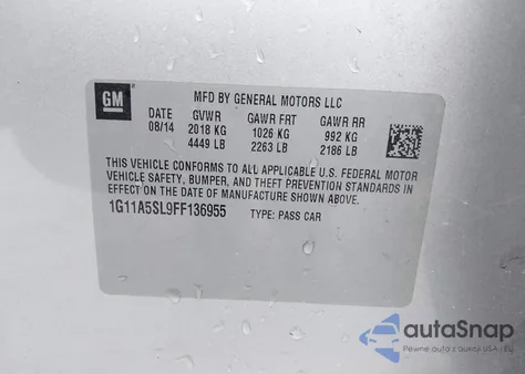 2015 Chevrolet Malibu 1Fl z USA, uszkodzony, nr VIN 1G11A5SL9FF136955